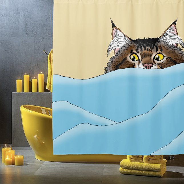 Tabby Cat Peeking Blue Funny Shower Curtain (Creator Uploaded)