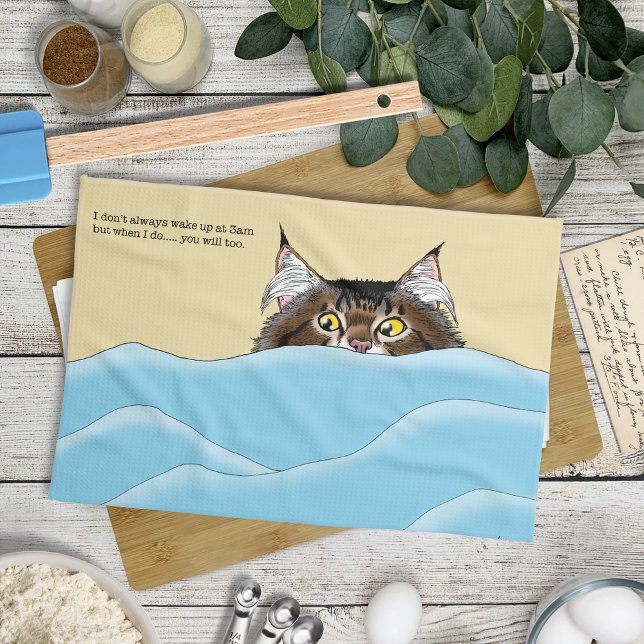 Tabby Cat Peeking Blue Funny Tea Towel (Creator Uploaded)