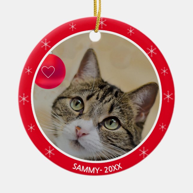 Tabby cat photo and snowflakes ceramic ornament (Front)