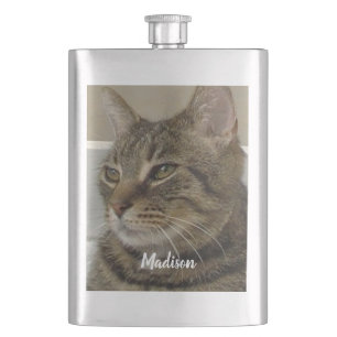 Tabby Cat Photo Personalised Name  Hip Flask