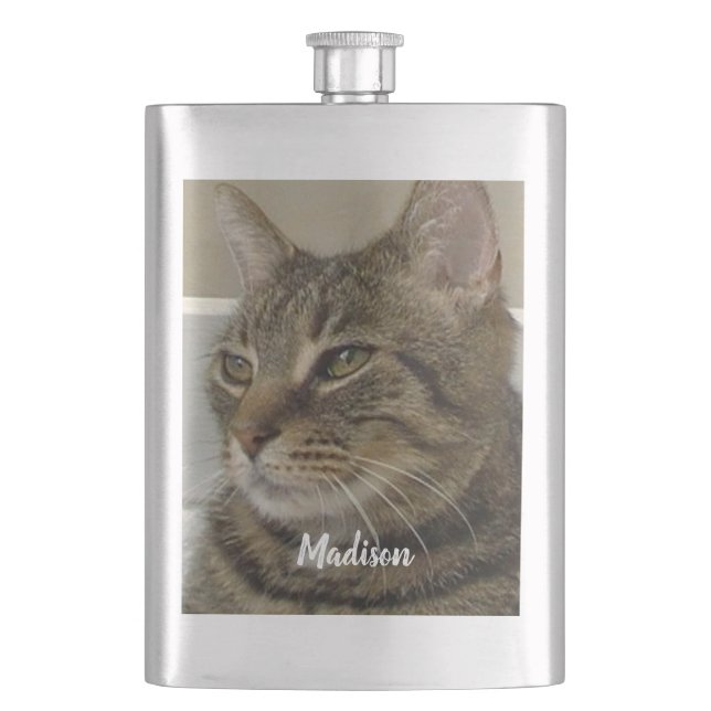 Tabby Cat Photo Personalised Name  Hip Flask (Front)