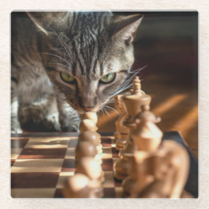 Tabby Cat Playing Chess Glass Coaster