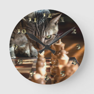 Tabby Cat Playing Chess Round Clock