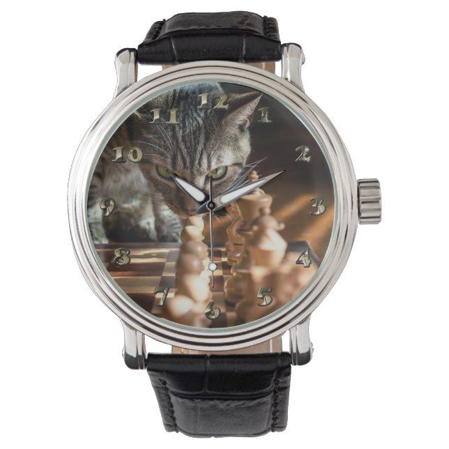 Tabby Cat Playing Chess Watch (Front)
