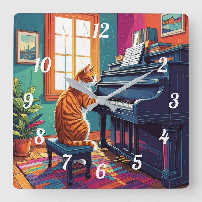 Tabby Cat Playing the Piano Square Wall Clock (Front)