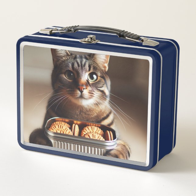 Tabby cat presenting a tin of biscuits metal lunch box (Front)