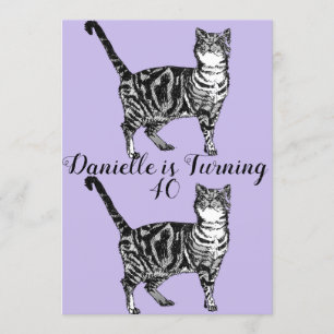 Tabby Cat Purple Art 40th Birthday Invitation