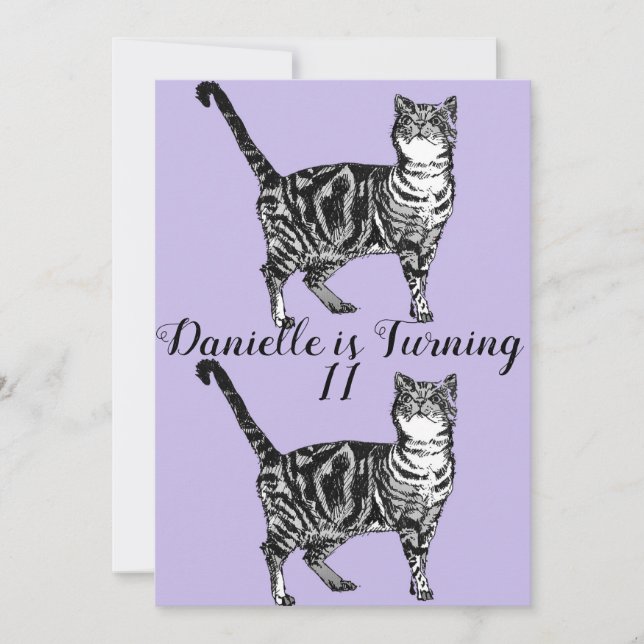 Tabby Cat Purple Art Girls Birthday Invitation (Front)