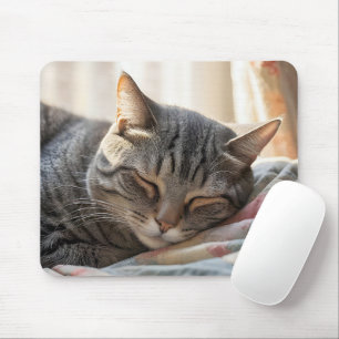 Tabby Cat Sleeping On Old Quilt  Mouse Pad