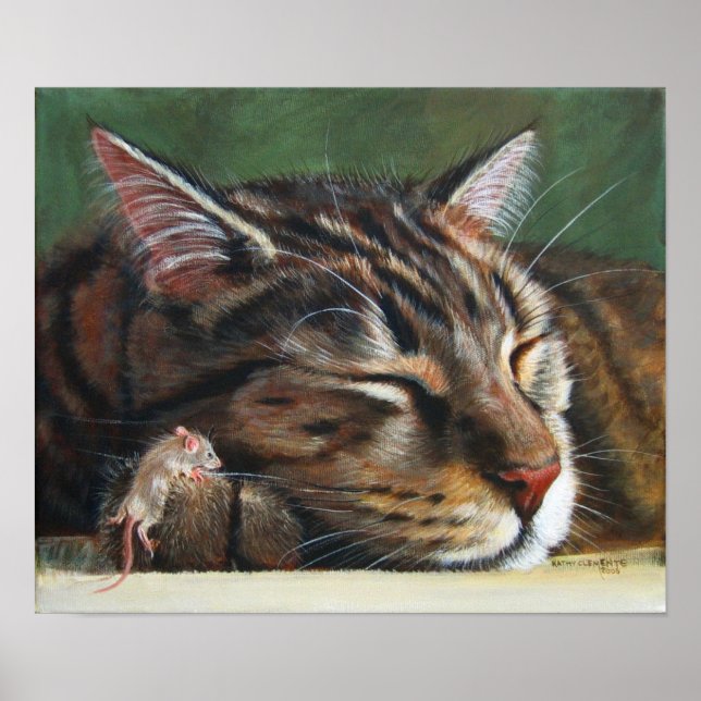 Tabby cat sleeping tiny mouse Poster (Front)