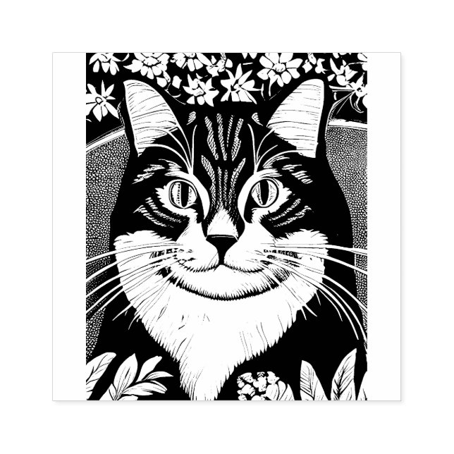 Tabby Cat Surrounded with Flowers Rubber Stamp (Imprint)