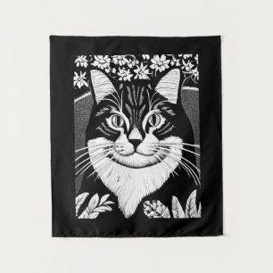Tabby Cat Surrounded with Flowers Tapestry
