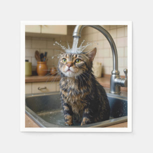 Tabby Cat Under a Kitchen Faucet Napkin