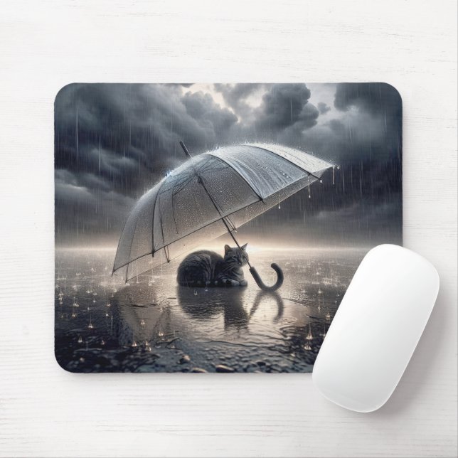 Tabby Cat Under Umbrella Mouse Pad (With Mouse)