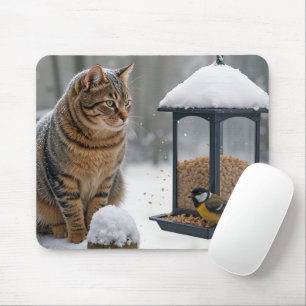Tabby Cat Watching a Bird On a Feeder Mouse Pad