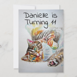 Tabby Cat Watercolour Girls Birthday Invitation