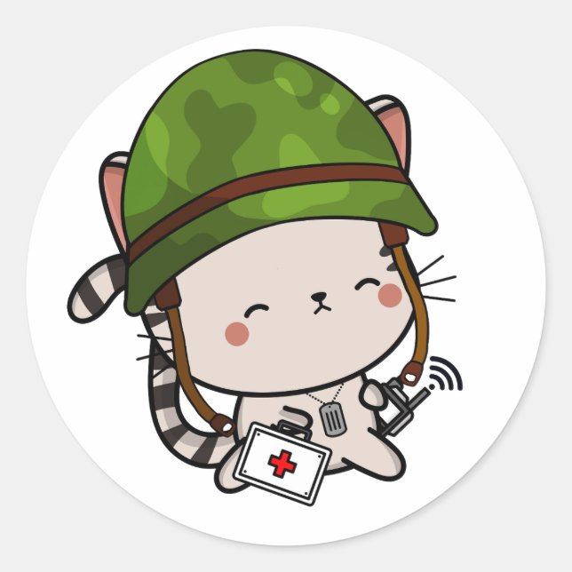 Tabby Cat Wearing army helmet Classic Round Sticker (Front)