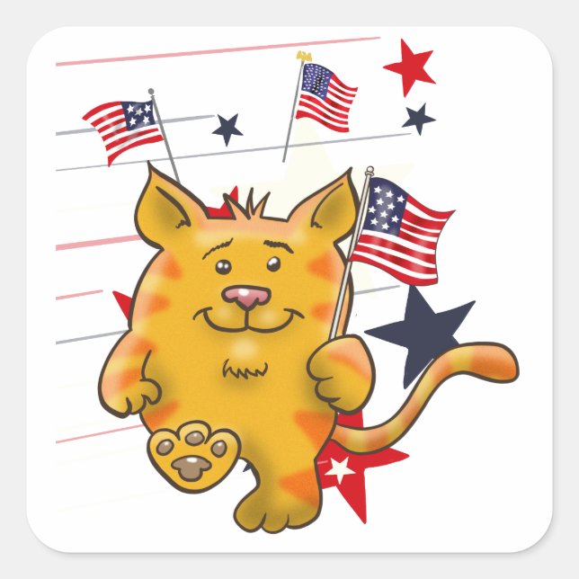 Tabby Cat with American Flag Square Sticker (Front)