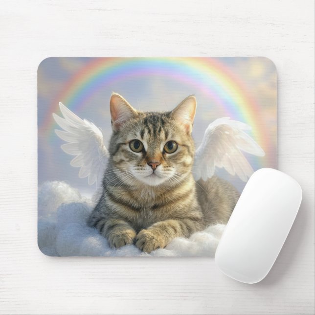 Tabby Cat With Angel Wings and Rainbow Mouse Pad (With Mouse)