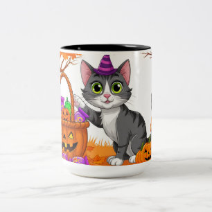 Tabby Cat With Candy Filled Jack O Lantern 🍂 Two-Tone Coffee Mug
