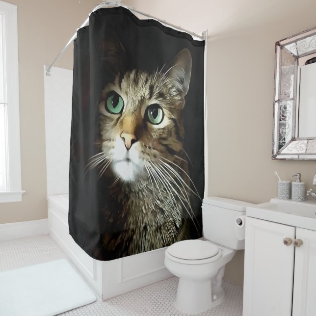 Tabby Cat With Green Eyes Isolated On Black Shower Curtain (In Situ)