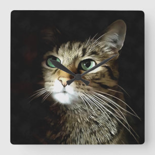 Tabby Cat With Green Eyes Isolated On Black Square Wall Clock