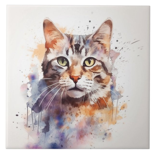 Tabby Cat with Green Eyes, Pet Watercolor Ceramic Tile (Front)