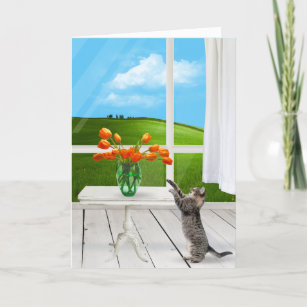 Tabby Cat with Orange Tulip Bouquet Card