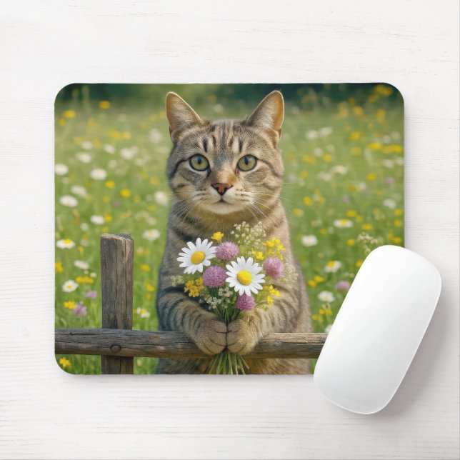 Tabby Cat With Wildflower Bouquet Mouse Pad (With Mouse)