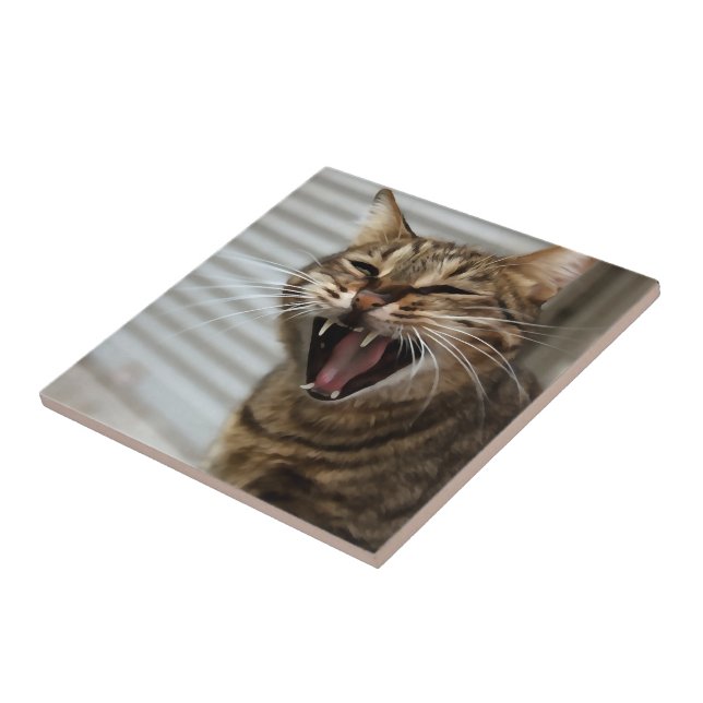 Tabby Cat Yawning Artistic Portrait Ceramic Tile (Side)