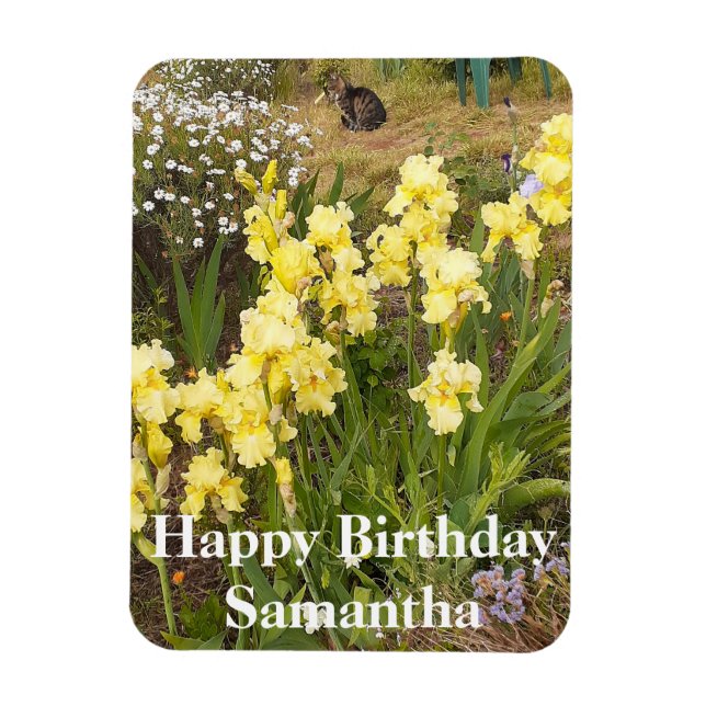 Tabby Cat Yellow Iris Flower Birthday Magnet (Vertical)
