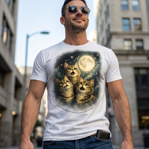 Tabby Cats Gazing at Full Moon & Stars T-Shirt