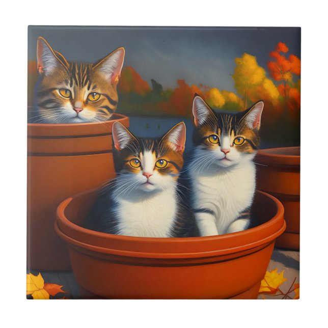 Tabby Cats In Pots Oil Paint, Ceramic Tile (Front)