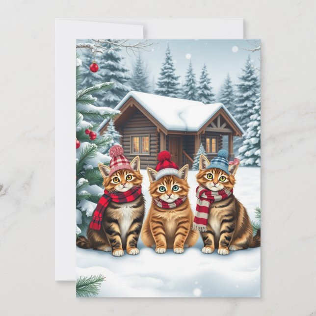 Tabby Cats in Preppy Winter Attire and Hat Winter Holiday Card (Front)