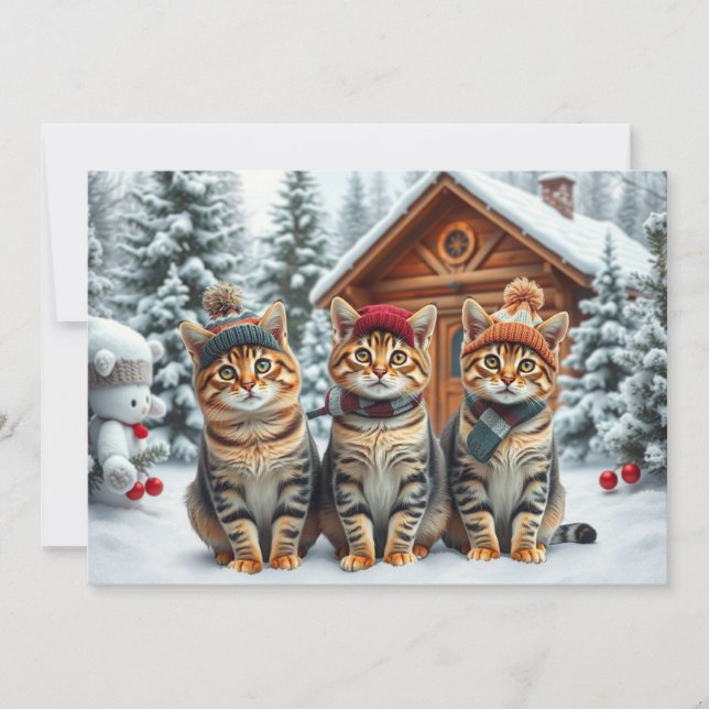 Tabby Cats in Preppy Winter Attire and Hat Winter Holiday Card (Front)