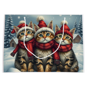 Tabby Cats in Preppy Winter Attire and Hat Winter Large Gift Bag