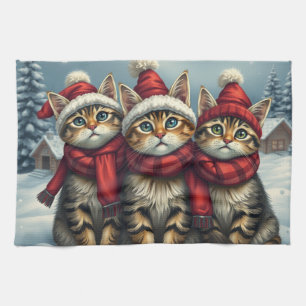 Tabby Cats in Preppy Winter Attire and Hat Winter Tea Towel