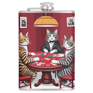 Tabby Cats Playing Poker Hip Flask