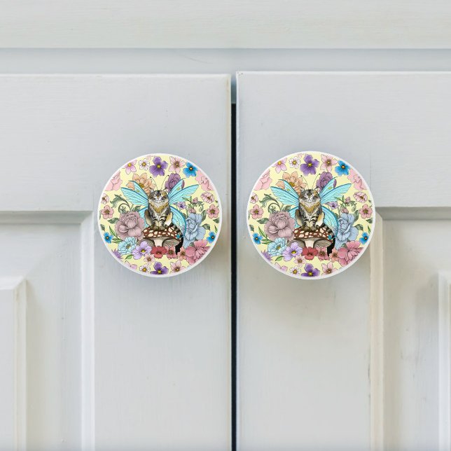 Tabby Fairy Cat Mushroom Floral Ceramic Knob (Creator Uploaded)