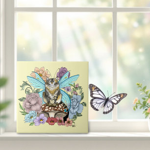 Tabby Fairy Cat Mushroom Floral Ceramic Tile