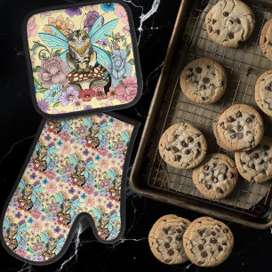 Tabby Fairy Cat Mushroom Floral Oven Mitt & Pot Holder Set