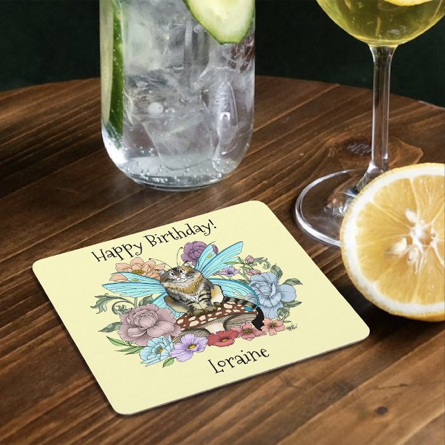 Tabby Fairy Cat Mushroom Floral Square Paper Coaster (Creator Uploaded)