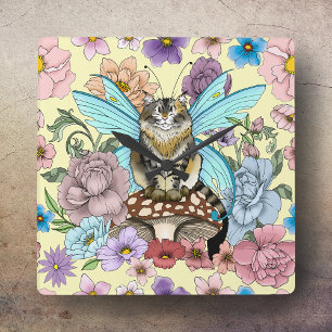 Tabby Fairy Cat Mushroom Floral Square Wall Clock