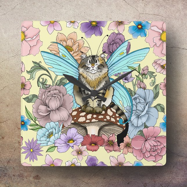 Tabby Fairy Cat Mushroom Floral Square Wall Clock (Creator Uploaded)