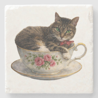 Tabby in a Teacup Stone Coaster