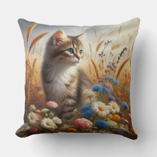 Tabby Kitten Cat Lover Floral 20x20 Cotton Cushion