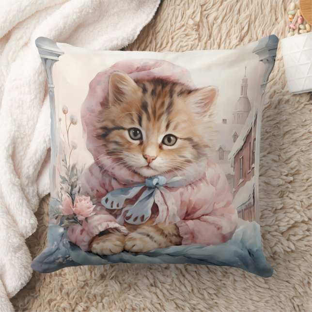 Tabby Kitten Dressed In Pink Cushion (Blanket)