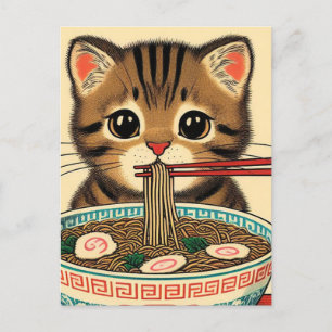 Tabby Kitten Eating Ramen Woodblock Print Postcard