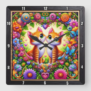 Tabby Kitten Floral Heart Wall Square Wall Clock