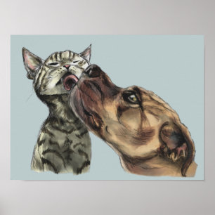 Tabby Kitten Getting A Pit Bull Kiss Poster